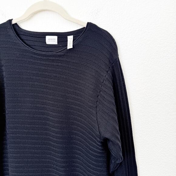 [Armani Collezioni] Black 100% Wool Boat Neck Sweater Classic Ribbed Sz Large L - Picture 7 of 8